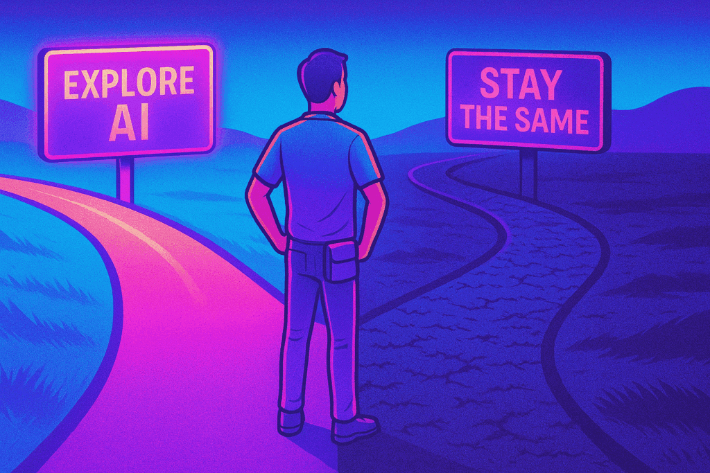 Adroit. Illustration of a small business owner choosing between adopting AI or sticking with traditional processes, symbolizing an AI readiness decision.