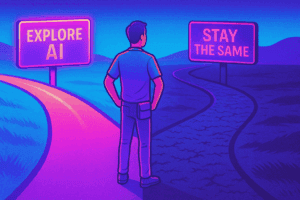 Adroit. Illustration of a small business owner choosing between adopting AI or sticking with traditional processes, symbolizing an AI readiness decision.