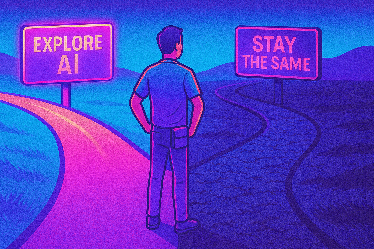 Adroit. Illustration of a small business owner choosing between adopting AI or sticking with traditional processes, symbolizing an AI readiness decision.