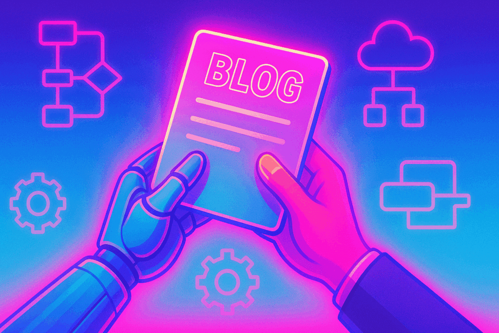 Adroit. Illustration of AI and human collaboration in blog content creation, representing AI blog automation.