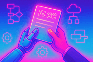Adroit. Illustration of AI and human collaboration in blog content creation, representing AI blog automation.