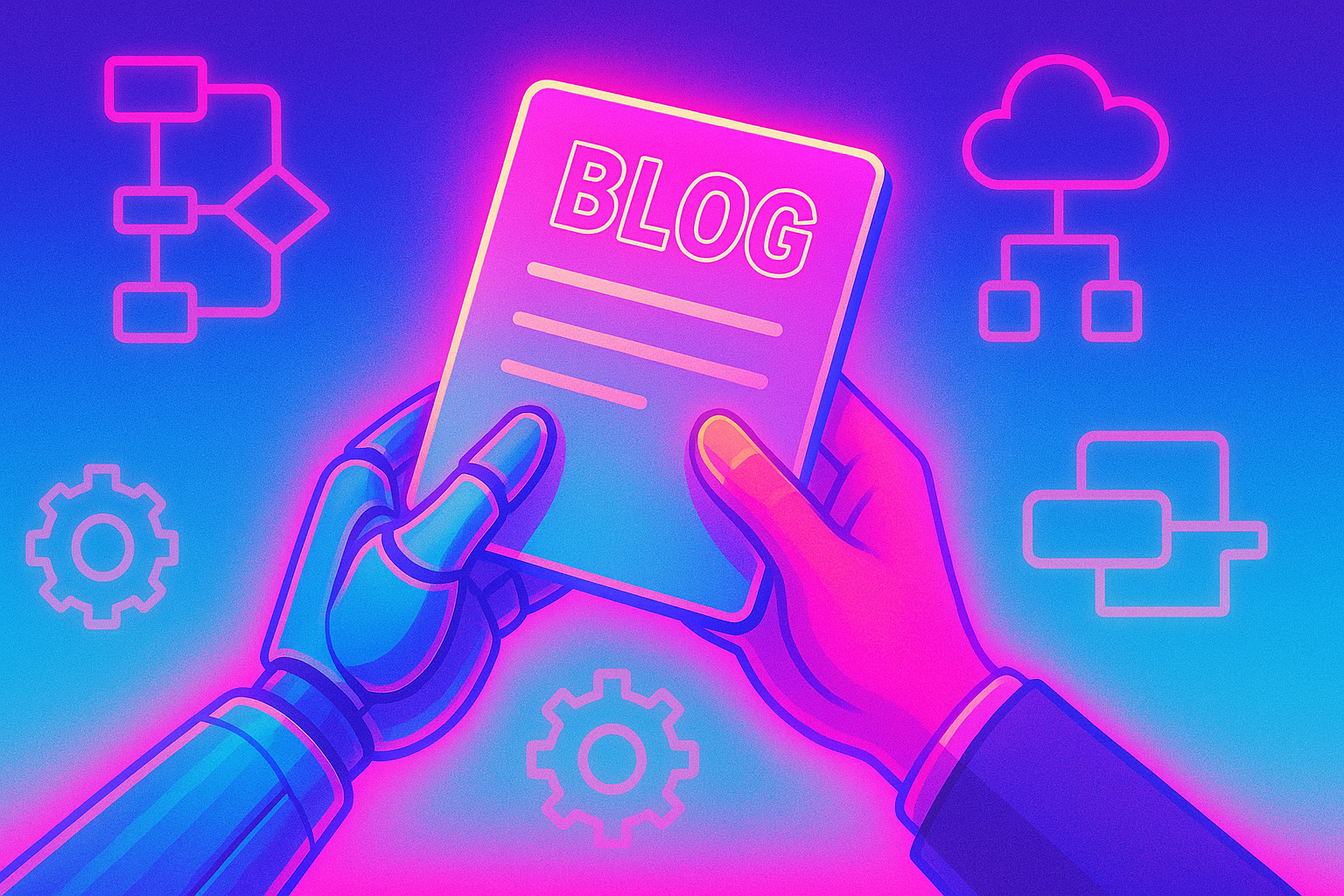 Adroit. Illustration of AI and human collaboration in blog content creation, representing AI blog automation.