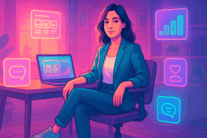 Adroit. Female entrepreneur sitting confidently at a modern desk in a cozy, neon-lit studio, surrounded by glowing digital elements like charts, messaging bubbles, and product listings; vibrant vaporwave colors (pink, purple, teal) create an energetic, optimistic atmosphere symbolizing AI support for small business growth.