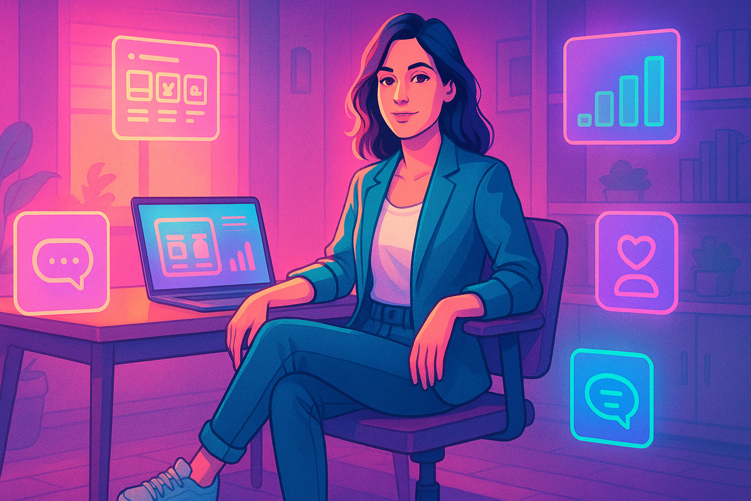 Adroit. Female entrepreneur sitting confidently at a modern desk in a cozy, neon-lit studio, surrounded by glowing digital elements like charts, messaging bubbles, and product listings; vibrant vaporwave colors (pink, purple, teal) create an energetic, optimistic atmosphere symbolizing AI support for small business growth.
