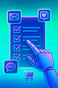 Adroit. Illustration of a robotic hand checking off marketing automation tasks on a digital checklist.