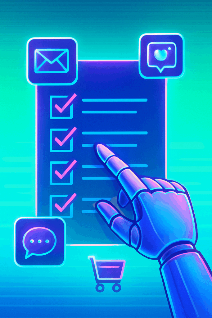 Adroit. Illustration of a robotic hand checking off marketing automation tasks on a digital checklist.